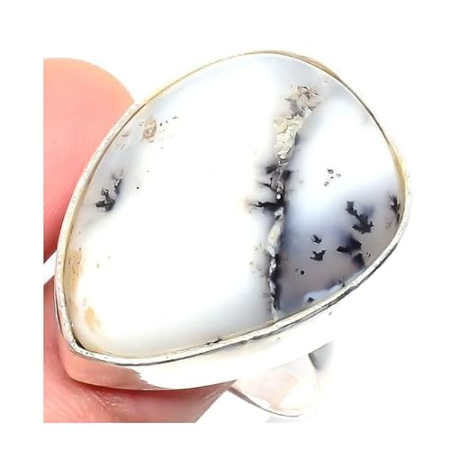 VACHEE Handgefertigter verstellbarer Ring aus grauem Dendriten-Achat für Mädchen und Frauen, Größe 7, US-Schmuck aus 925er Sterlingsilber 2319 von VACHEE