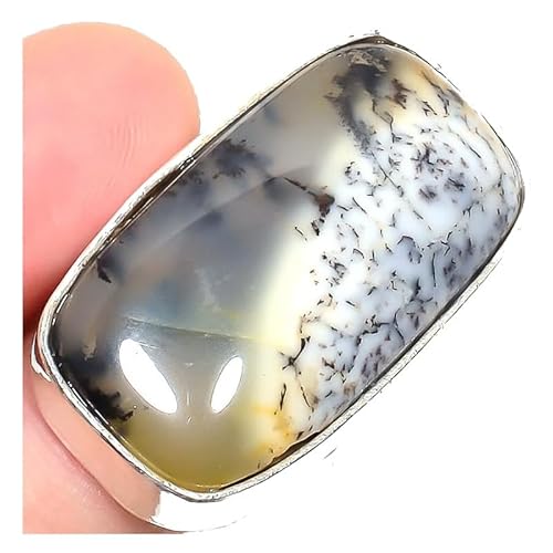 VACHEE Handgefertigter verstellbarer Ring aus grauem Dendriten-Achat für Mädchen und Frauen, Größe 7 US, 925er Sterlingsilber plattierter Schmuck 2314 von VACHEE