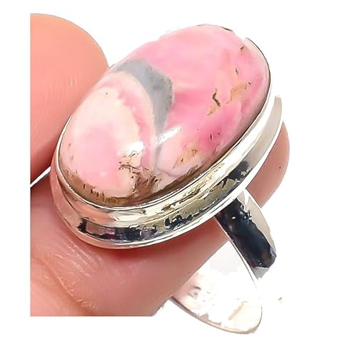 VACHEE Handgefertigter verstellbarer Ring aus rosafarbenem Rhodochrosit für Mädchen und Frauen, Größe 7 US, 925er Sterlingsilber vergoldeter Schmuck 1639 von VACHEE