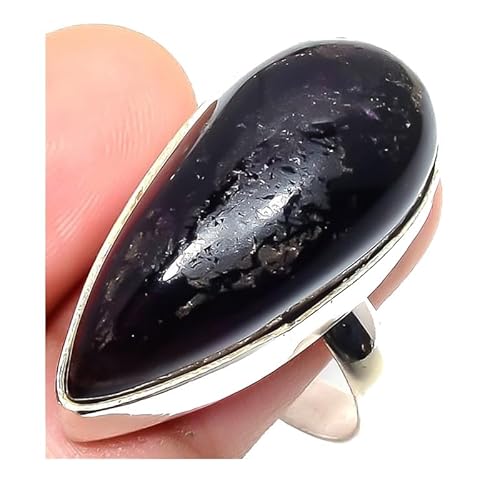 VACHEE Handgefertigter verstellbarer Ring aus schwarzem Onyx für Mädchen und Frauen, Größe 7 US, 925er Sterlingsilber plattierter Schmuck 2231 von VACHEE