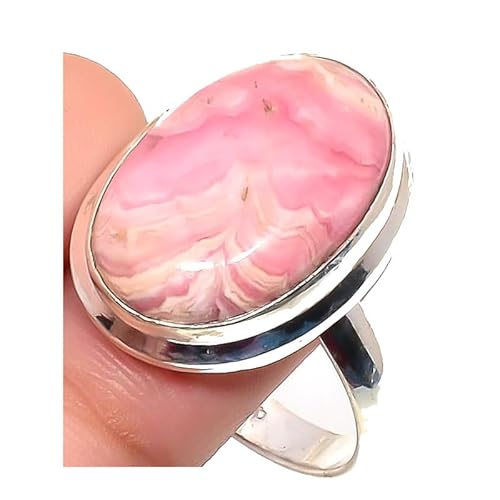 VACHEE Handgefertigter verstellbarer Ring mit rosa Rhodochrosit für Mädchen und Frauen, Größe 7 US, 925er Sterlingsilber plattierter Schmuck 1706 von VACHEE