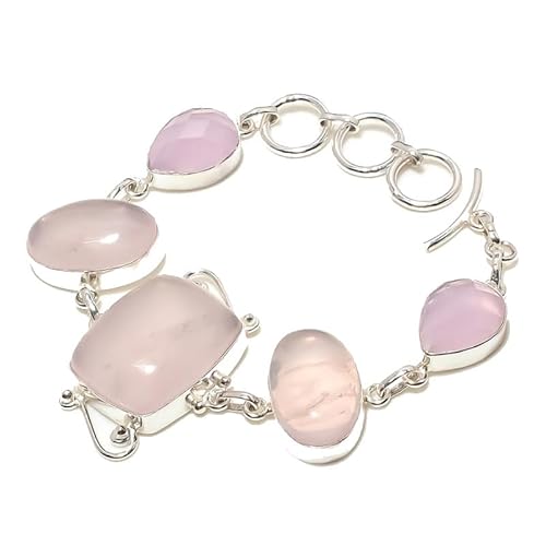 VACHEE Handgefertigtes Armband mit 5 Edelsteinen aus rosa Rosenquarz, 17,8–22,9 cm, für Mädchen und Frauen, 925er-Sterlingsilber vergoldeter Schmuck 3201 von VACHEE