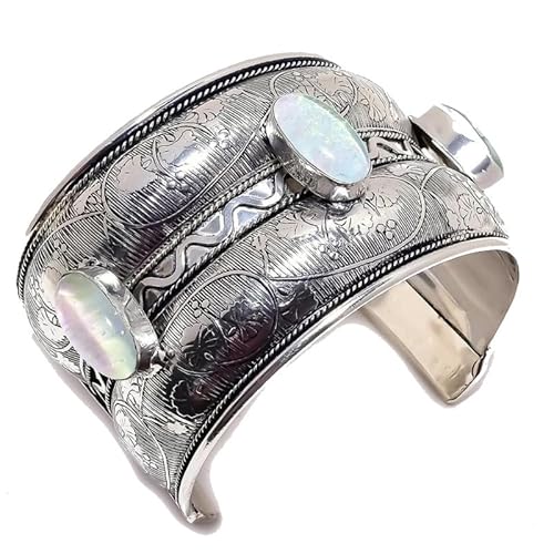 VACHEE Handgefertigtes Manschettenarmband mit weißem Triplet-Opal, freie Größe für Mädchen und Frauen, 925er Sterlingsilber vergoldeter Schmuck 935 von VACHEE