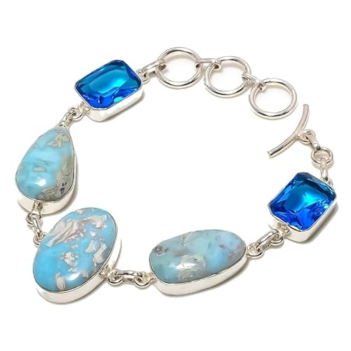 VACHEE Karibischer Larimar, blauer Topas-Quarz, handgefertigtes Armband mit 5 Edelsteinen, 17,8–22,9 cm, für Mädchen und Frauen, 925er-Sterlingsilber vergoldeter Schmuck 3215 von VACHEE