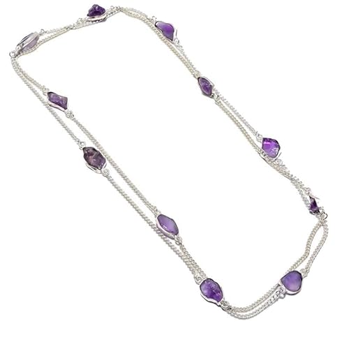 VACHEE Lila Amethyst Quarz rauer Stein handgemachte tiefe Hals lange Halskette 35" für Mädchen Frauen 925 Sterling Silber vergoldet Schmuck 1212 von VACHEE