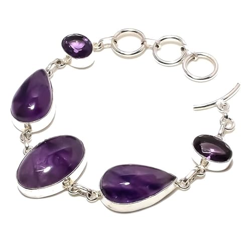 VACHEE Lila brasilianischer Amethyst-Quarz, handgefertigtes Armband mit 5 Edelsteinen, 17,8–22,9 cm, für Mädchen und Frauen, 925er Sterlingsilber vergoldeter Schmuck 3210 von VACHEE