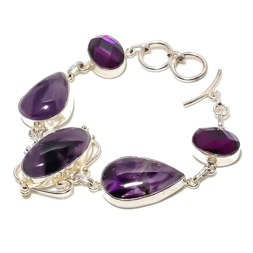 VACHEE Lila brasilianischer Amethyst-Quarz, handgefertigtes Armband mit 5 Edelsteinen, 17,8–22,9 cm, für Mädchen und Frauen, 925er-Sterlingsilber vergoldeter Schmuck 3230 von VACHEE