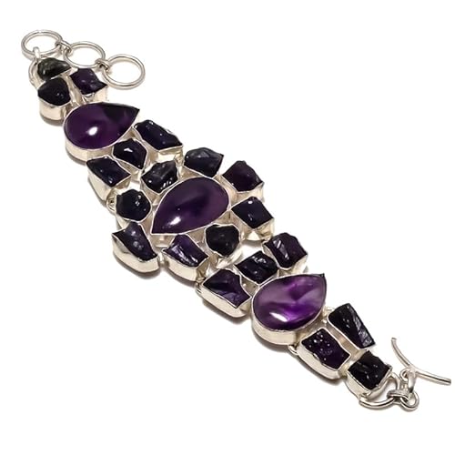 VACHEE Lila brasilianischer Amethyst-Quarz, rauer Edelstein, handgefertigt, großes, schweres Armband, 17,8–22,9 cm, für Mädchen und Frauen, 925er-Sterlingsilber vergoldeter Schmuck 2958 von VACHEE