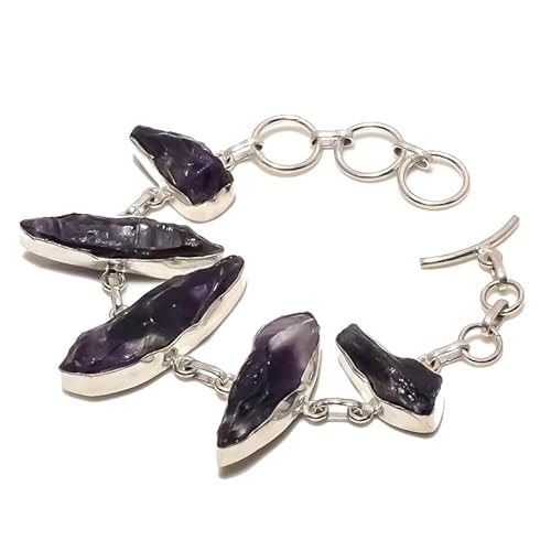 VACHEE Lila brasilianischer Amethyst-Quarz, raues, handgefertigtes Armband mit fünf Spannzangen-Edelsteinen, 17,8–22,9 cm, für Mädchen und Frauen, 925er-Sterlingsilber vergoldeter Schmuck 3343 von VACHEE