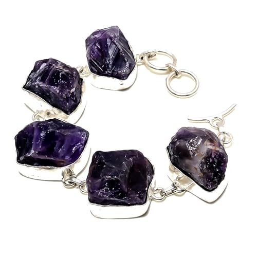 VACHEE Lila brasilianischer Amethyst-Quarz, raues handgefertigtes Armband mit fünf Spannzangen-Edelsteinen, 17,8–22,9 cm, für Mädchen und Frauen, 925er-Sterlingsilber vergoldeter Schmuck 3379 von VACHEE