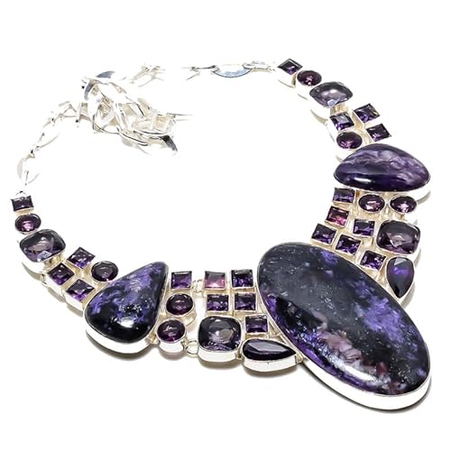 VACHEE Lila russischer Charoit, Amethyst-Quarz, handgefertigt, schwere Halskette, 45,7 cm, für Mädchen und Frauen, 925er Sterlingsilber vergoldeter Schmuck 2806 von VACHEE