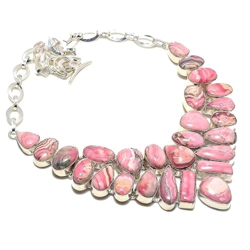 VACHEE Rosa Rhodochrosit Rough Rock Heavy Collar Halskette 18" Mädchen Damen 925 Sterling Silber vergoldeter Schmuck 585 von VACHEE