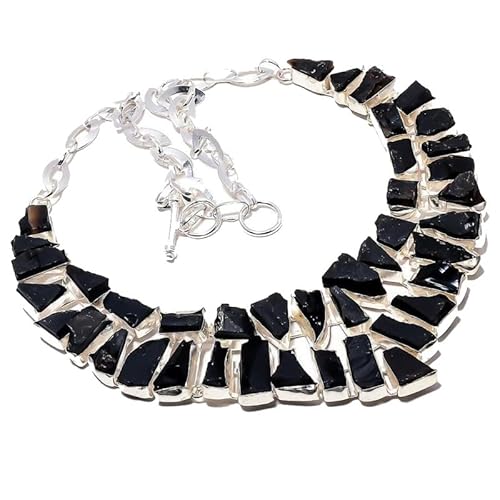 VACHEE Rough Rock Black Onyx Handgefertigte schwere Kragenhalskette 18" Mädchen Damen 925 Sterling Silber vergoldeter Schmuck 137 von VACHEE