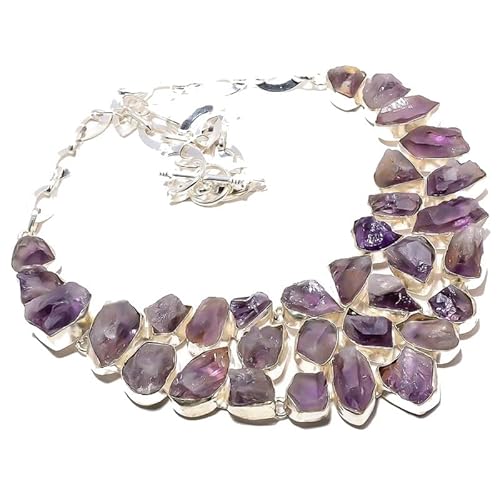 VACHEE Rough Rock Lila Brasilianischer Amethyst Quarz Handgefertigte schwere Kragenhalskette 18" Mädchen Damen 925 versilberter Schmuck 442 von VACHEE