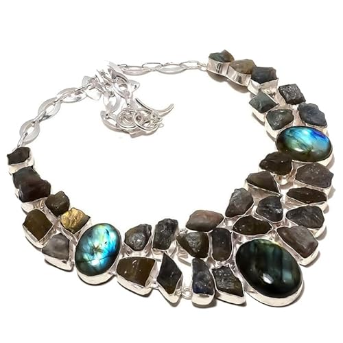 VACHEE Schwarzer Labradorit, Labradorit Rough Rock Handgefertigte schwere Halskette 18" Mädchen Damen 925 Sterling Silber vergoldeter Schmuck 504 von VACHEE