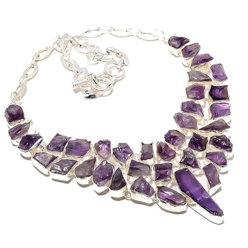 VACHEE Ungeschnittener, violetter brasilianischer Amethyst-Quarz, handgefertigt, schwerer Kragen, Halskette, 45,7 cm, für Mädchen und Frauen, 925 versilberter Schmuck 459 von VACHEE