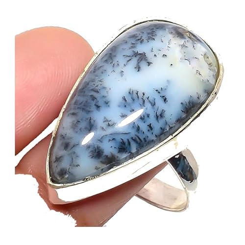 VACHEE Verstellbarer Ring aus grauem Dendriten-Achat, Größe 7 US, für Mädchen und Frauen, Schmuck aus 925er Sterlingsilber 1554 von VACHEE