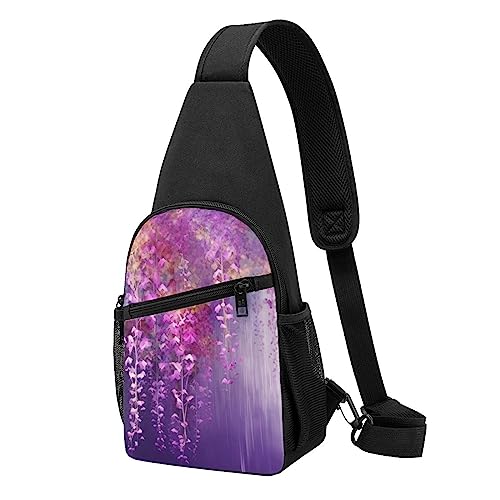 Abstrakte lila weinende Blume Druck Sling Rucksack Unisex Sport Brust Taschen Crossbody Umhängetasche, Schwarz , Einheitsgröße von VACSAX