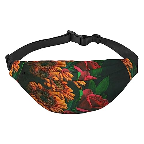 Bauchtasche für Herren und Damen, Crossbody-Hüfttasche, Sonnenblumen- und Rosen-Druck, Gürteltasche für Workout, Sport, Reisen, Schwarz, Einheitsgröße, Schwarz , Einheitsgröße von VACSAX