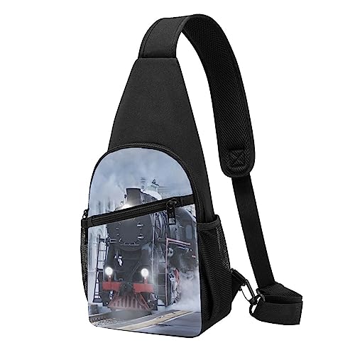 Dampflok Depart Sonnenuntergang Druck Sling Rucksack Unisex Sport Brust Taschen Crossbody Umhängetasche, Schwarz , Einheitsgröße von VACSAX