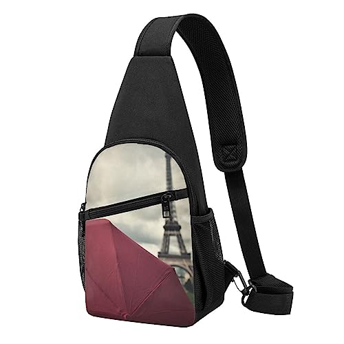 Eiffelturm mit rotem Regenschirm Druck Sling Rucksack Unisex Sport Brusttaschen Crossbody Umhängetasche, Schwarz , Einheitsgröße von VACSAX