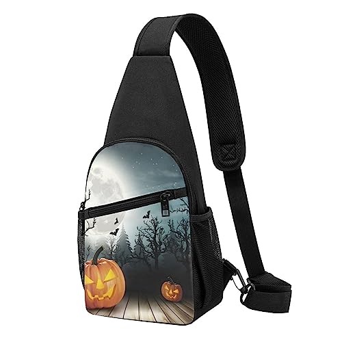 Halloween Mond Fledermaus Kürbis Print Sling Rucksack Unisex Sport Brust Taschen Crossbody Umhängetasche, Schwarz , Einheitsgröße von VACSAX