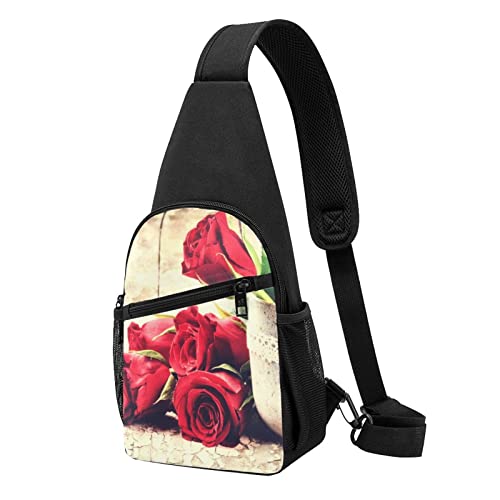 Romantische Blumen Print Sling Rucksack Unisex Sport Brust Taschen Crossbody Umhängetasche, Schwarz , Einheitsgröße von VACSAX