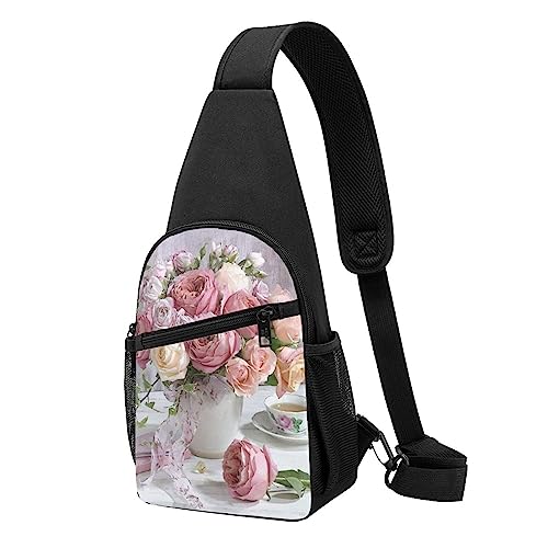 Rose Flower Print Sling Rucksack Unisex Sport Brust Taschen Crossbody Umhängetasche, Schwarz , Einheitsgröße von VACSAX