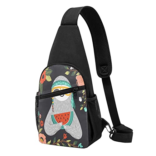 Rucksack mit tropischem Faultier-Blumenmuster, Unisex, Sport, Brusttaschen, Crossbody-Schultertasche, Schwarz , Einheitsgröße von VACSAX