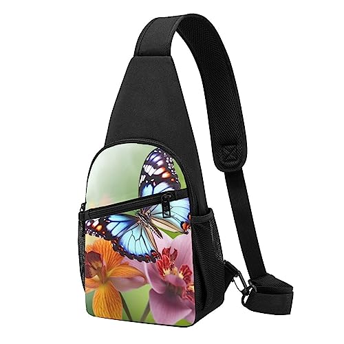 Schulter-Rucksack mit Blumen- und Schmetterlings-Druck, Unisex, Sport, Brusttaschen, Crossbody-Schultertasche, Schwarz , Einheitsgröße von VACSAX