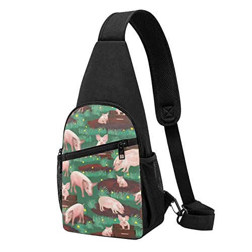 Schweine im Bauernhof-Druck Sling Rucksack Unisex Sport Brust Taschen Crossbody Umhängetasche, Schwarz , Einheitsgröße von VACSAX