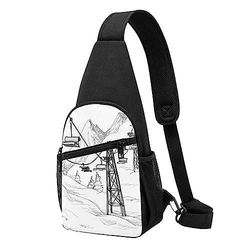 Skilift mit Tannenbaum Druck Sling Rucksack Unisex Sport Brusttaschen Crossbody Umhängetasche, Schwarz , Einheitsgröße von VACSAX