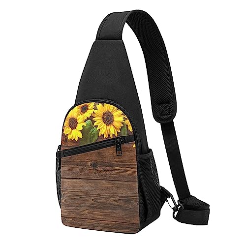 Sonnenblumen-Rucksack mit Holzbodendruck, Unisex, Sport, Brusttaschen, Umhängetasche, Umhängetasche, Schwarz , Einheitsgröße von VACSAX