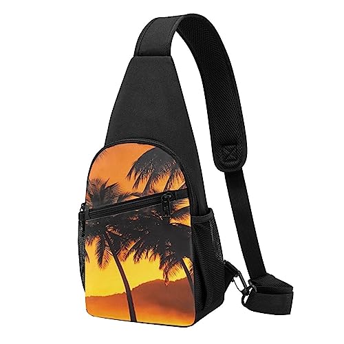 Sunset Coconut Trees Print Sling Rucksack Unisex Sport Brust Taschen Crossbody Umhängetasche, Schwarz , Einheitsgröße von VACSAX