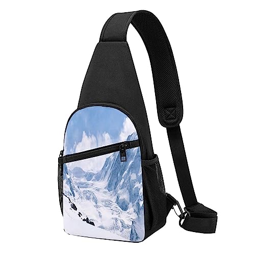 Unisex Sport-Brusttaschen, Crossbody-Umhängetasche, Motiv: Schneebedeckter Bergdruck, Schwarz , Einheitsgröße von VACSAX