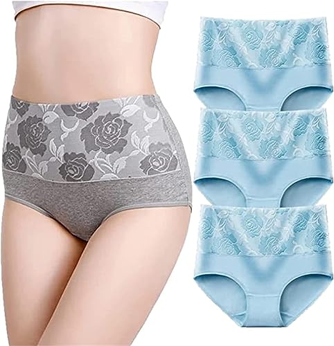 VACSAX Baumwolle hohe Taille Bauch abnehmen hygroskopische Unterwäsche Plus Größe Höschen. (L,3PCS Blau) von VACSAX