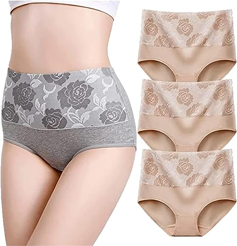 VACSAX Baumwolle hohe Taille Bauch abnehmen hygroskopische Unterwäsche Plus Größe Höschen. (XL,3PCS Beige) von VACSAX