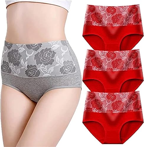 VACSAX Baumwolle hohe Taille Bauch abnehmen hygroskopische Unterwäsche Plus Größe Höschen. (XL,3PCS Rot) von VACSAX