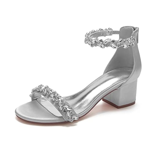 VACSAX Brautschuhe Damen Offener Zeh Knöchelriemen Blockabsatz Hochzeit Kleid Abendschuhe mit Strass und Reißverschluss,Silber,43 EU von VACSAX