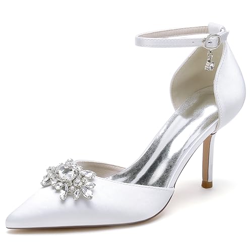 VACSAX Damen Brautschuhe Geschlossene Zehen Knöchelriemen Spangenpumps Hochzeitsschuhe mit Strass,Weiß,42 EU von VACSAX