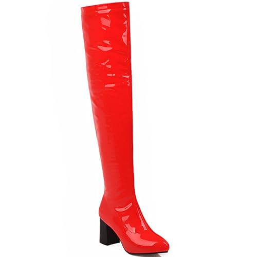 VACSAX Damen Overknee Stiefel Spitzschuh Reißverschluss Wasserdicht Lackstiefel Lange Reitstiefel,Rot,46 EU von VACSAX