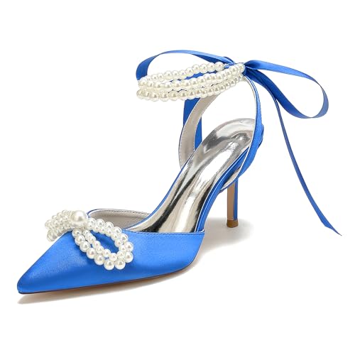 Damen Sandalen mit Absatz Perle Knöchelriemen Stöckel Absatz Hochzeitskleid Brautschuhe mit Band Krawatte,Blau,36 EU von VACSAX
