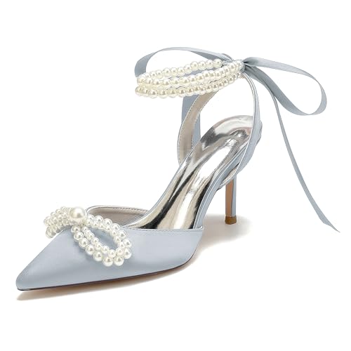 Damen Sandalen mit Absatz Perle Knöchelriemen Stöckel Absatz Hochzeitskleid Brautschuhe mit Band Krawatte,Silber,38 EU von VACSAX