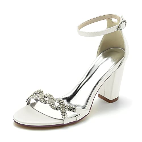 VACSAX Hochzeitsschuhe Brautschuhe Damen Knöchelriemen Blockabsatz Offener Zeh Sandalen Für Hochzeit Kleid Partei,Elfenbein,39 EU von VACSAX