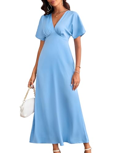 VAFADRESS Damenkleid 2025, Satinkleid, elegant, tiefer V-Ausschnitt, Flatterärmel, A-Linie, Cocktail-Party, Maxikleider, Hellblau, X-Groß von VAFADRESS