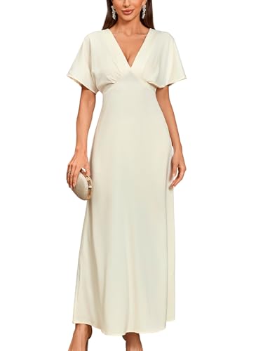 VAFADRESS Damenkleid 2025, Satinkleid, elegant, tiefer V-Ausschnitt, Flatterärmel, A-Linie, Cocktail-Party, Maxikleider, Champagner, Mittel von VAFADRESS