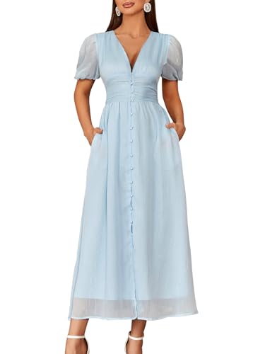 VAFADRESS Elegante Puffärmel, tiefer V-Ausschnitt, Knopfleiste, fließendes Abendkleid, Cocktail-Party, Maxikleid, Hellblau, X-Groß von VAFADRESS