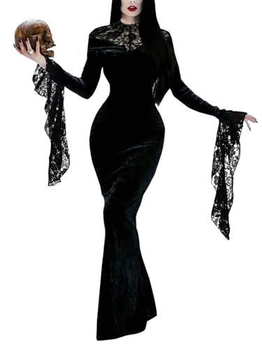 VAFADRESS Schwarze Spitze Kostüm Kleid für Halloween Langarm Maxi Party Cosplay Kleider Schwarz XXL von VAFADRESS