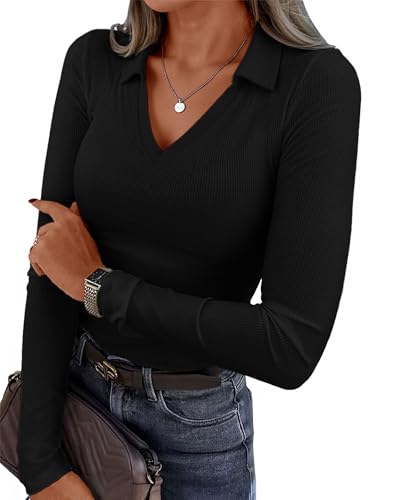 VAFFUL Langarmshirt Damen Langarm Shirt V Ausschnitt Basic Oberteile Gerippt Pullover Elegant Slim Fit T-Shirt Tops von VAFFUL
