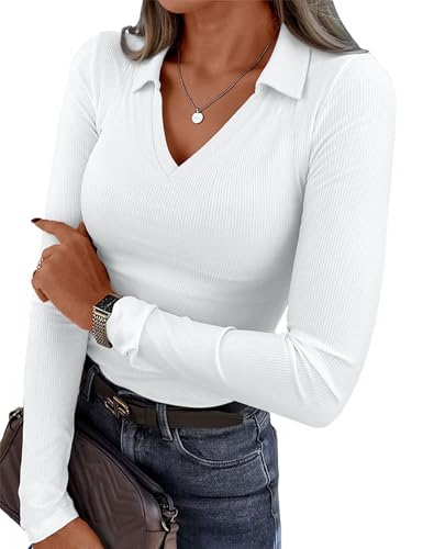 VAFFUL Langarmshirt Damen Langarm Shirt V Ausschnitt Basic Oberteile Gerippt Pullover Elegant Slim Fit T-Shirt Tops von VAFFUL